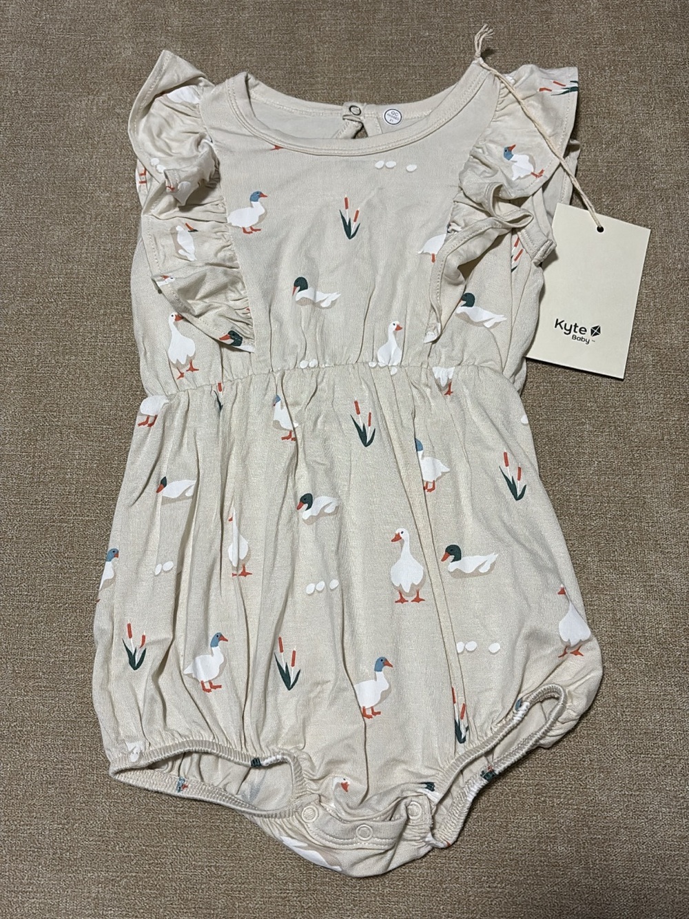 Kyte BABY Goose Print Ruffle Bubble Romper